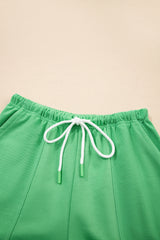Mint Green V Neck Drop Shoulder Tee and Patchwork Drawstring Elastic Waistband Shorts Set Short Sets JT's Designer Fashion