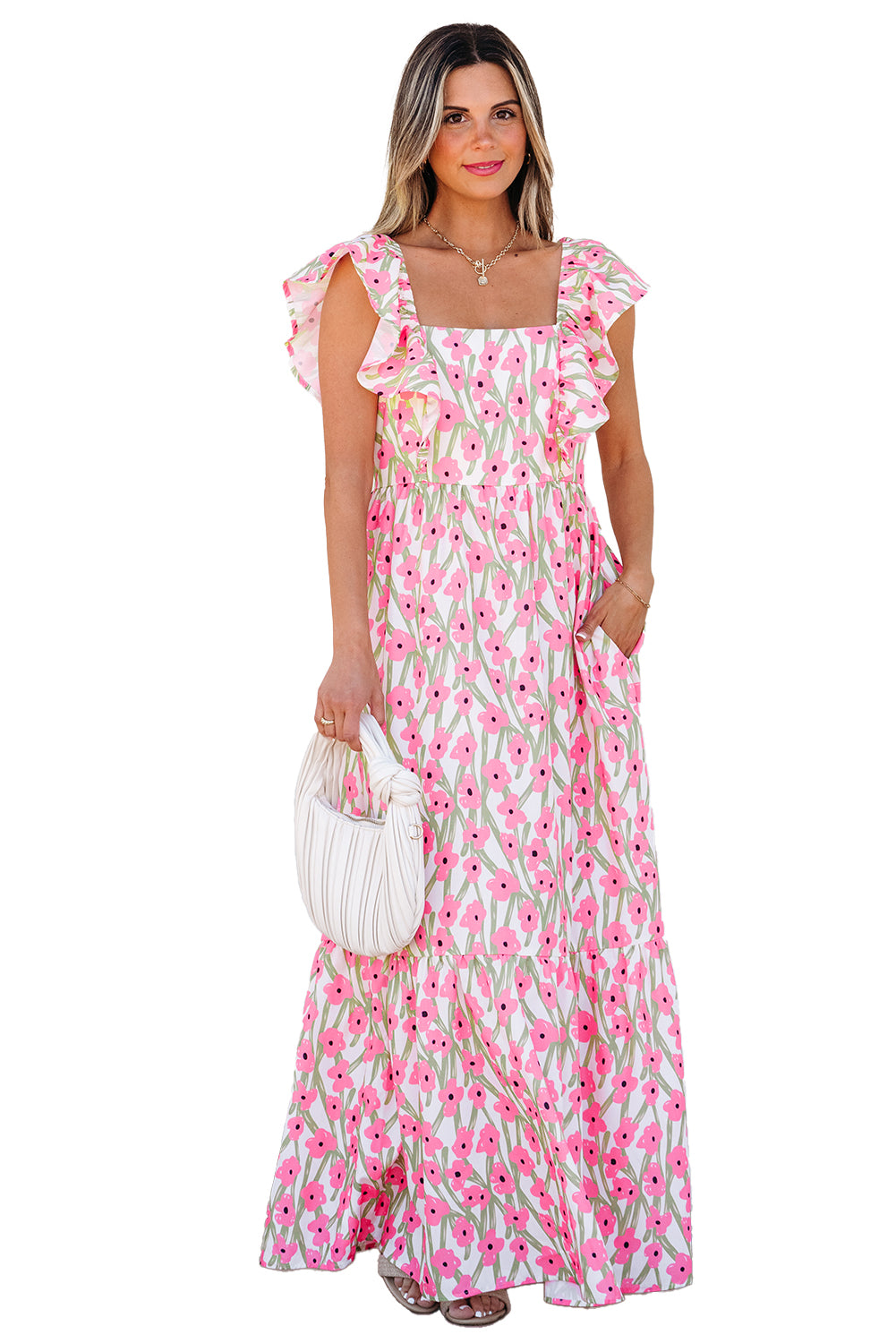 Pink Floral Print Square Neck Ruffled Strap Maxi Dress Floral Dresses JT's Designer Fashion