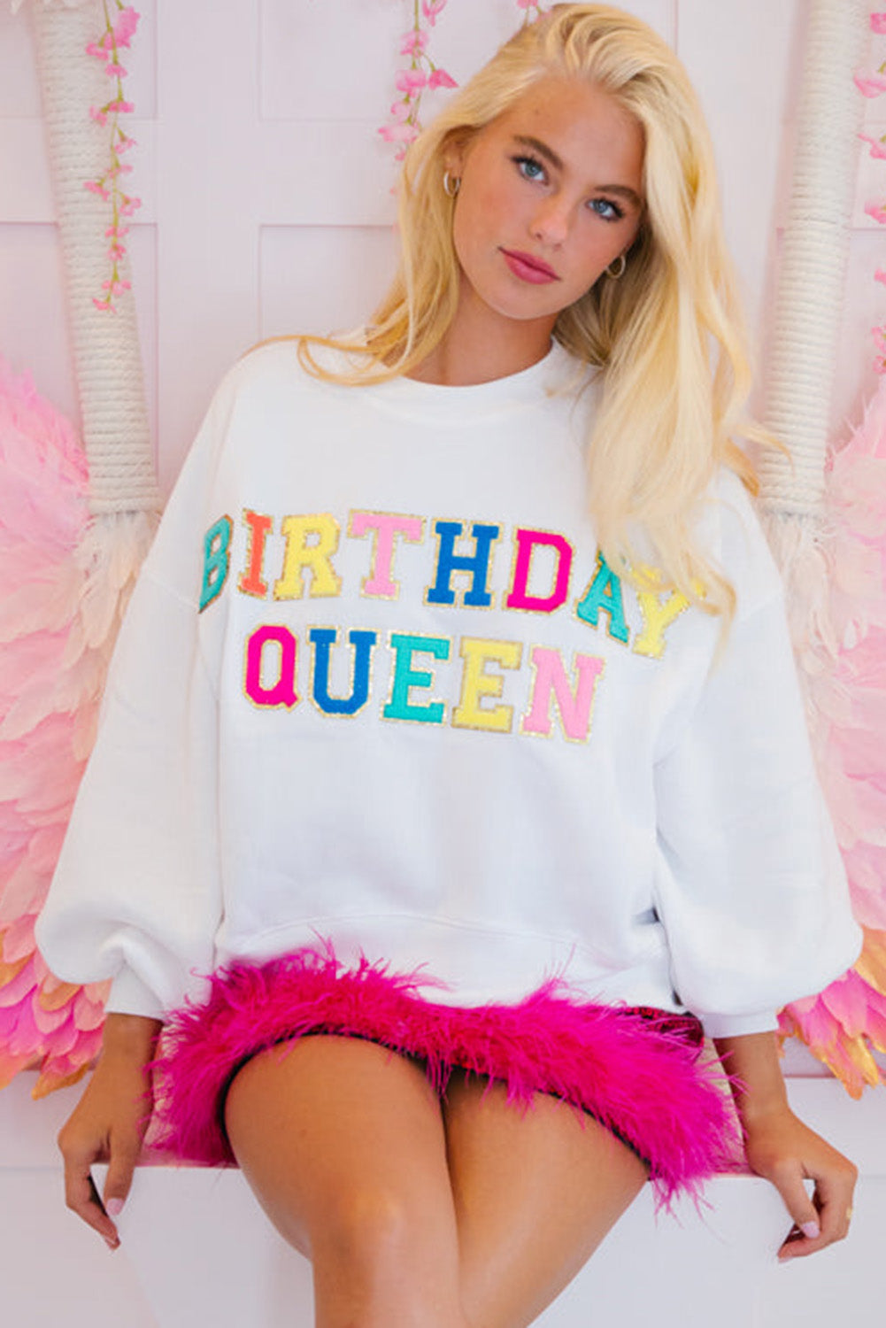 White BIRTHDAY QUEEN Graphic Balloon Sleeve Sweatshirt Sweatshirts & Hoodies JT's Designer Fashion