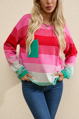 Rose Striped Knit Patch Pocket Drop Shoulder Sweater Sweaters JT's Designer Fashion