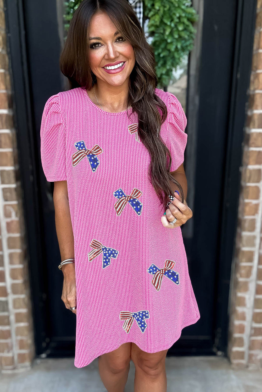 Bright Pink Flag Pattern Inspired Sequin Bow Spiral Ribbed Puff Sleeve T Shirt Dress Graphic Dresses JT's Designer Fashion