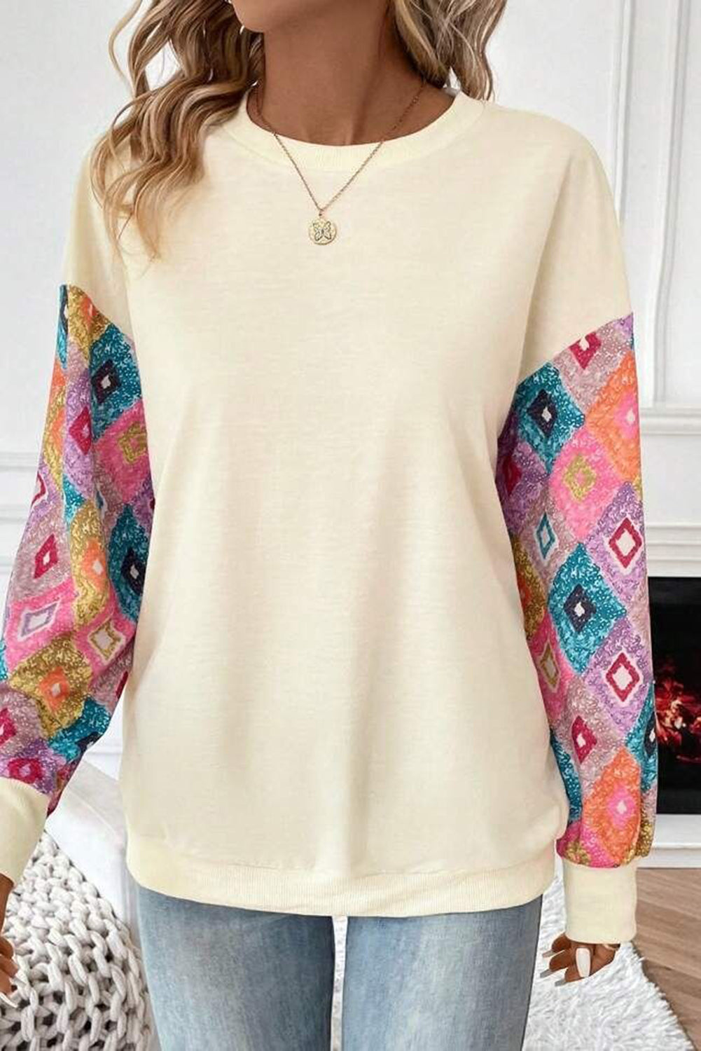 Apricot Geometric Printed Patchwork Long Sleeve Round Neck Top Long Sleeve Tops JT's Designer Fashion