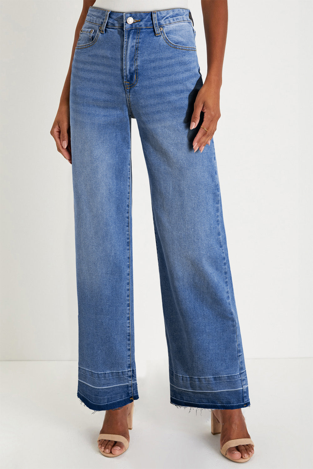 Dusk Blue Raw Hem Unique Cuffs Straight High Rise Loose Jeans Dusk Blue 65%Cotton+33%Polyester+2%Elastane Jeans JT's Designer Fashion