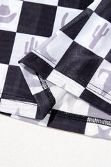 Black Checkerboard Western Elements Printed Mesh Long Sleeve Top Long Sleeve Tops JT's Designer Fashion