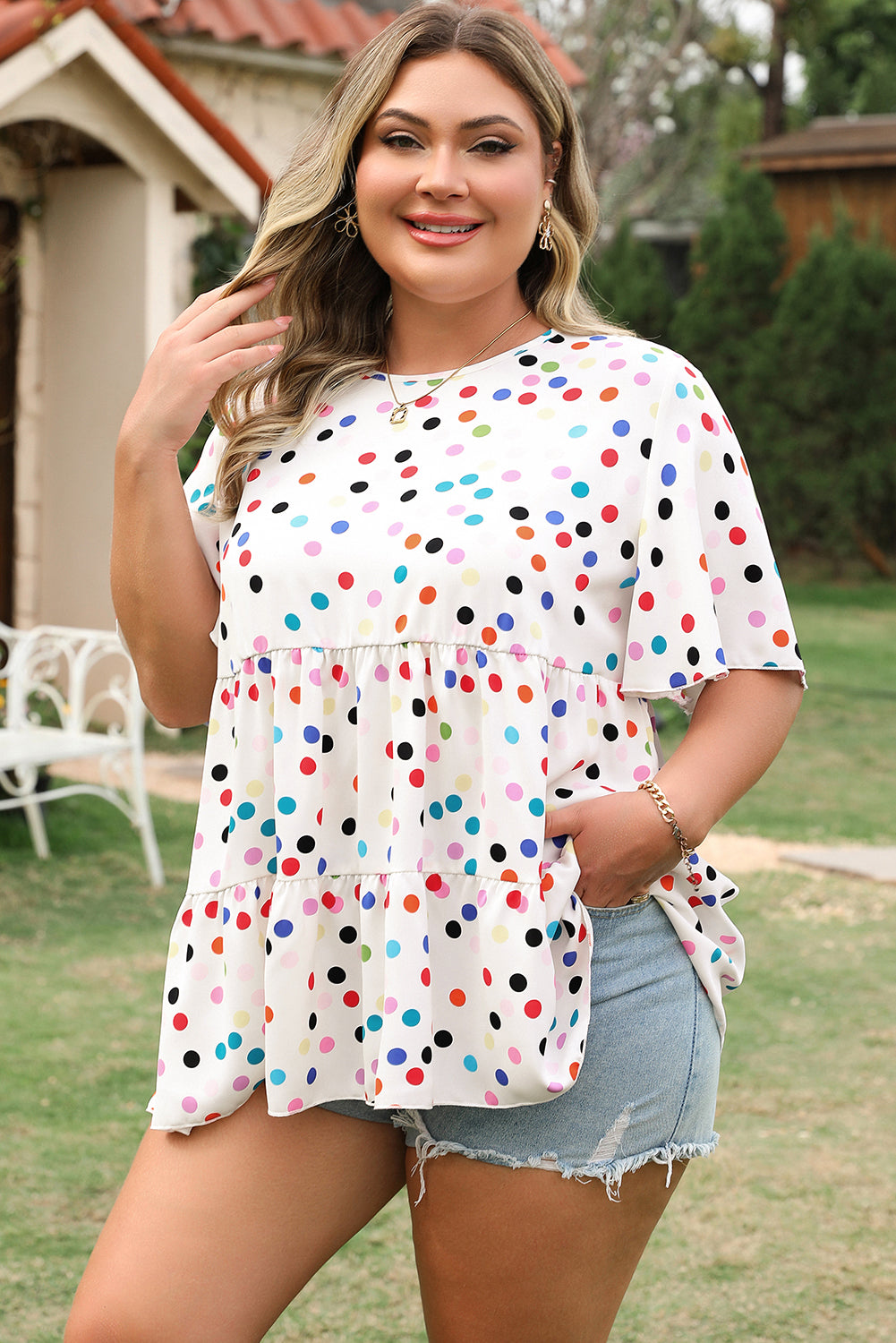 Beige Colorful Polka Dot Print Short Sleeve Ruffled Plus Size Babydoll Blouse Plus Size Blouses & Shirts JT's Designer Fashion