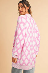 Pink Rhombus Pattern Knit Open Front Pocketed Cardigans Cardigans JT's Designer Fashion
