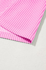 Bright Pink Corded Knit Crew Neck Puff Sleeve Shift Mini Dress T Shirt Dresses JT's Designer Fashion