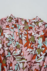 Pink Floral Print Puff Sleeve Shirred High Waist Mini Dress Floral Dresses JT's Designer Fashion