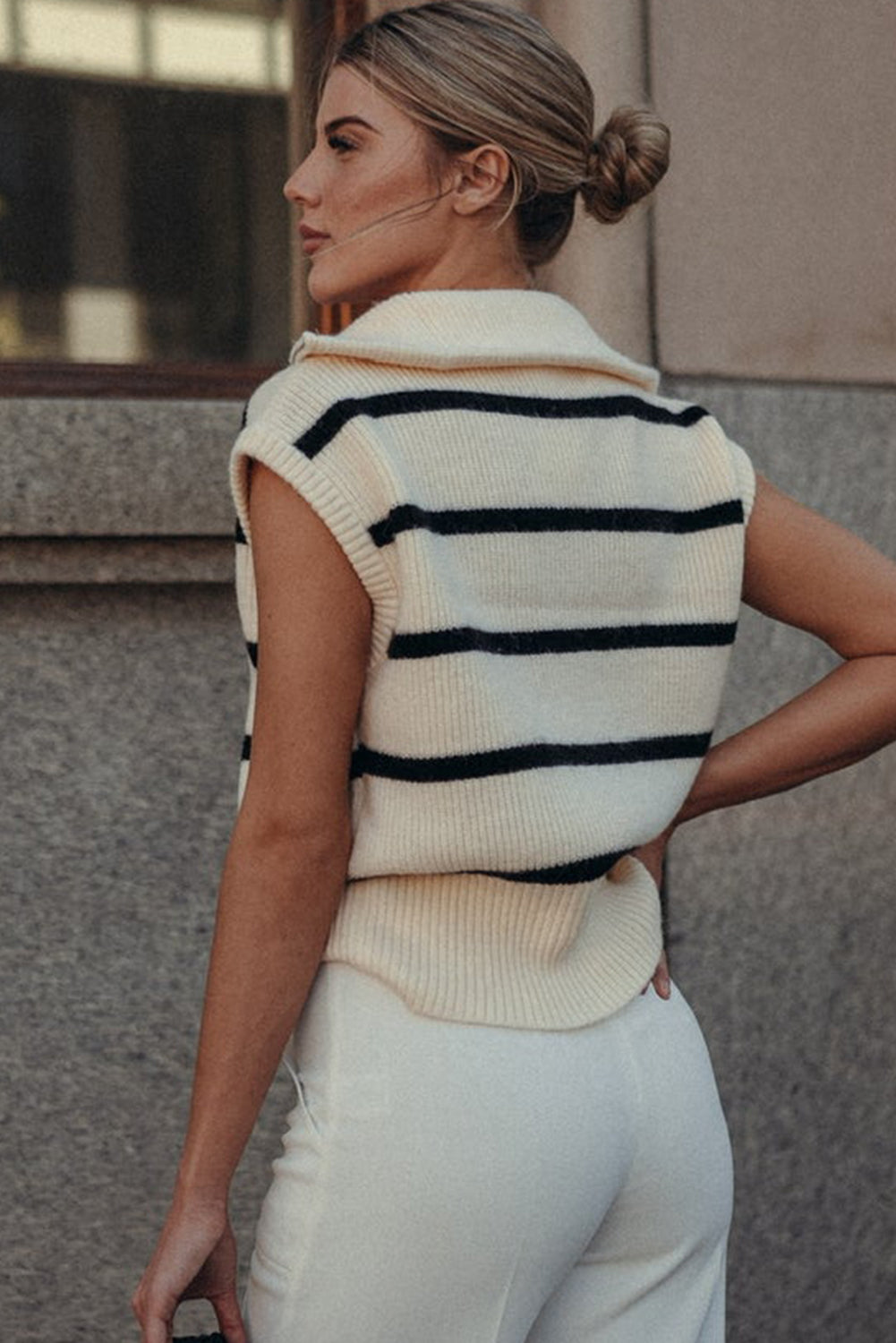 White Stripe Zipped Collar Cap Sleeve Knit Top Sweaters & Cardigans JT's Designer Fashion