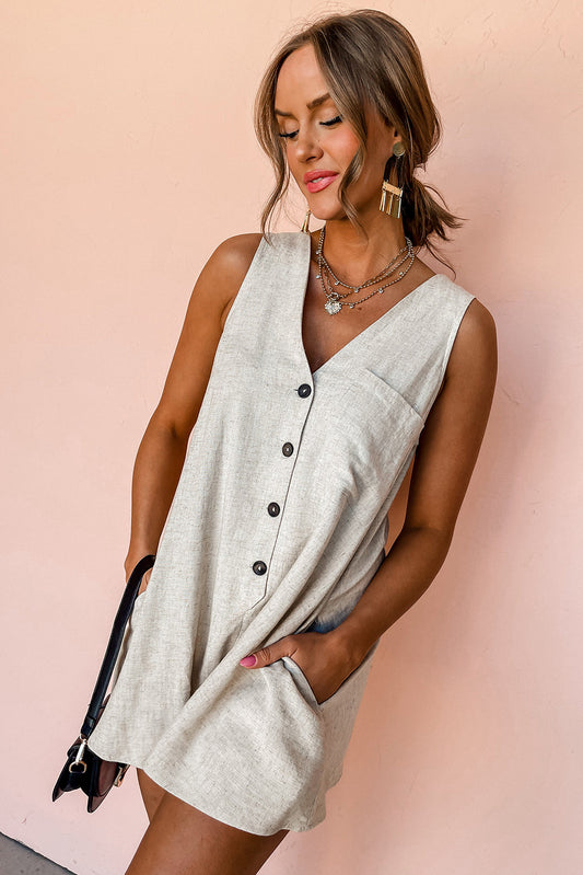 Beige Sleeveless V Neck Buttoned Front Chest Pocket Romper Bottoms JT's Designer Fashion