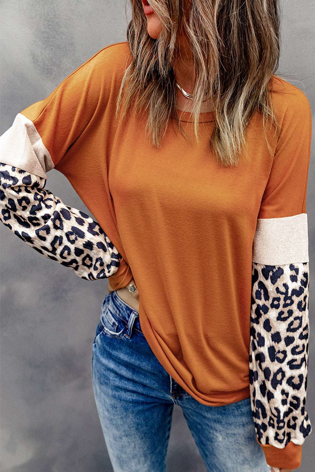 Brown Leopard Sequin Patchwork Long Sleeve Top Long Sleeve Tops JT's Designer Fashion