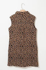 Khaki Leopard Print V Neck Sleeveless Collared Mini Dress Mini Dresses JT's Designer Fashion