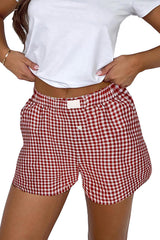 Red Gingham Printed High Waist Shorts Casual Shorts JT's Designer Fashion