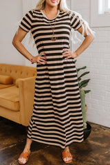 Black Stripe Casual Round Neck T-shirt Maxi Dress with Pockets T Shirt Dresses JT's Designer Fashion