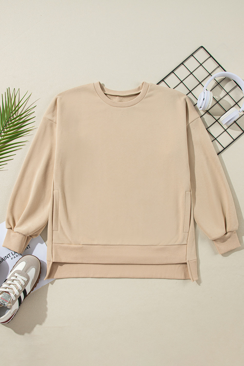 Apricot Solid Fleece Lined Drop Shoulder High Low Sweatshirt Sweatshirts & Hoodies JT's Designer Fashion