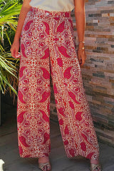 Red Paisley Printed Buttoned High Waist Straight Leg Pants Pants & Culotte JT's Designer Fashion