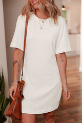 White Drop Shoulder Crew Neck Shift T Shirt Dress White 100%Cotton T Shirt Dresses JT's Designer Fashion