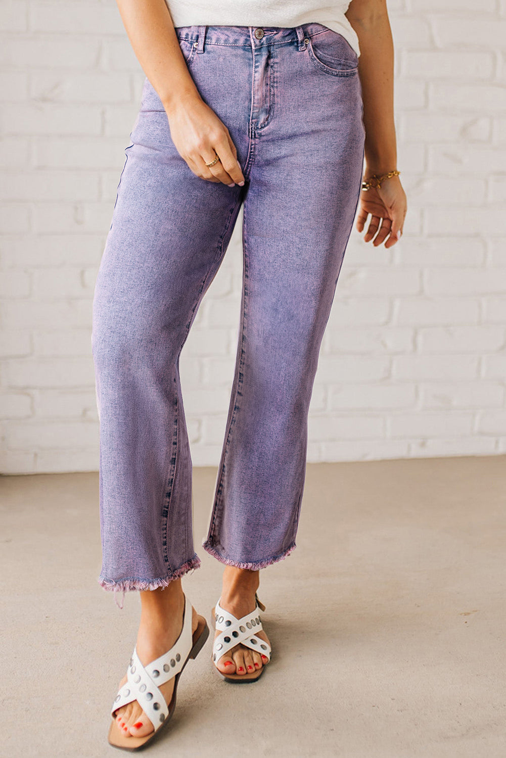 Orchid Petal Vintage Wash Frayed Hem Ankle-length Jeans Orchid Petal 65%Cotton+33%Polyester+2%Elastane Jeans JT's Designer Fashion