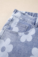 Ashleigh Blue Floral Pattern High Waist Raw Hem Plus Size Denim Shorts Plus Size Bottoms JT's Designer Fashion