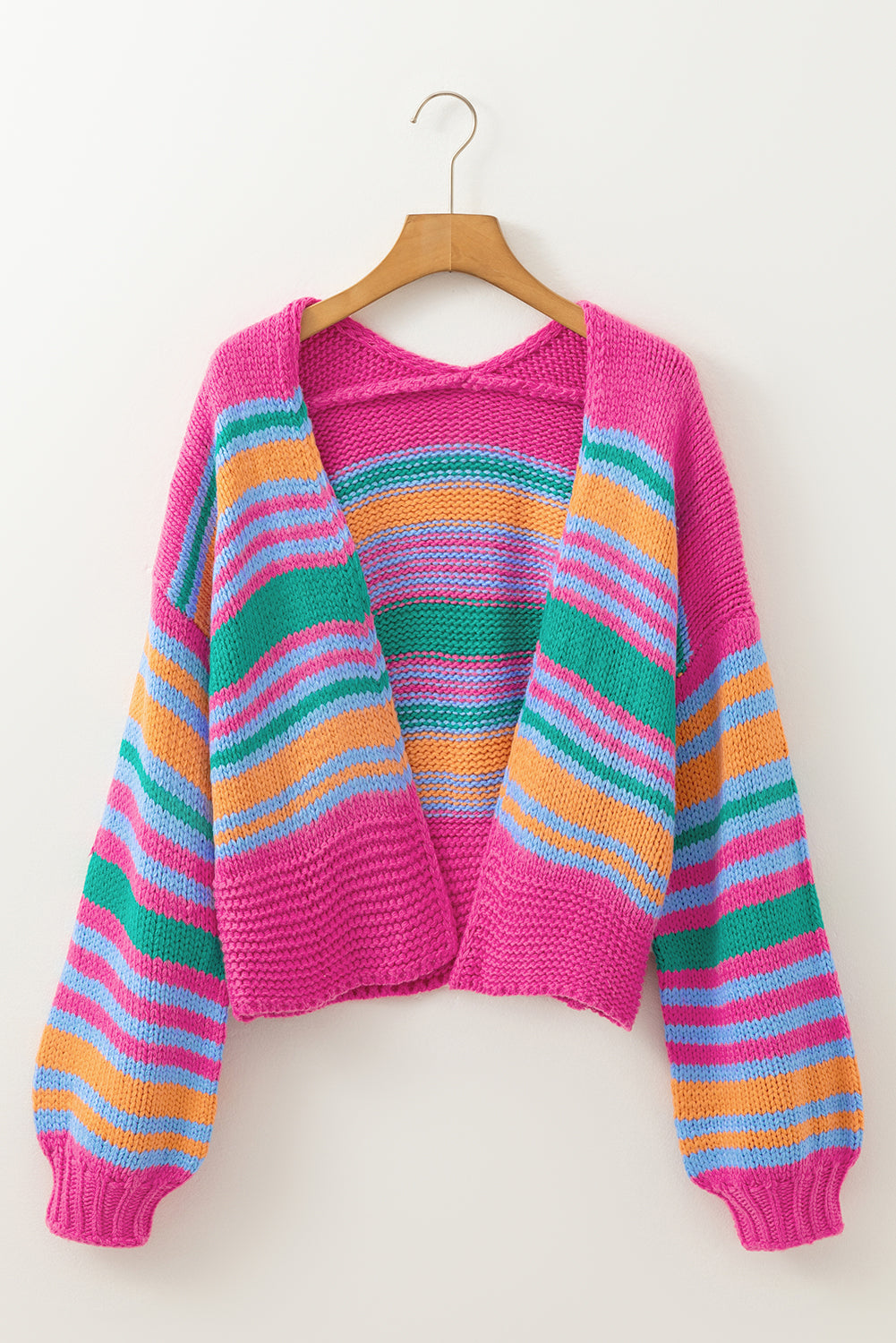 Rose Stripe Colorful Puff Sleeve Drop Shoulder Loose Cardigan Cardigans JT's Designer Fashion