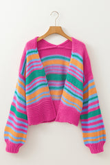 Rose Stripe Colorful Puff Sleeve Drop Shoulder Loose Cardigan Cardigans JT's Designer Fashion
