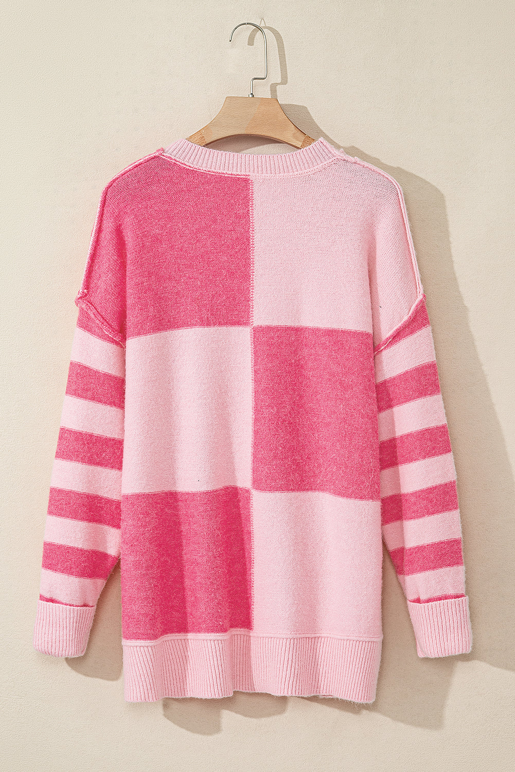 Pink Checkered Colorblock Striped High Low Loose Sweater Sweaters JT's Designer Fashion