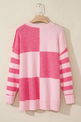 Pink Checkered Colorblock Striped High Low Loose Sweater Sweaters JT's Designer Fashion