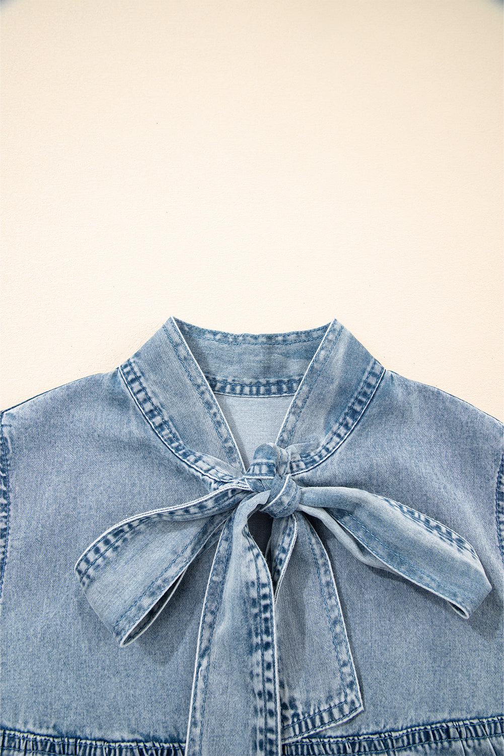 Real Teal Bowknot Neck Sleeveless Ruffled Chambray Dress Mini Dresses JT's Designer Fashion