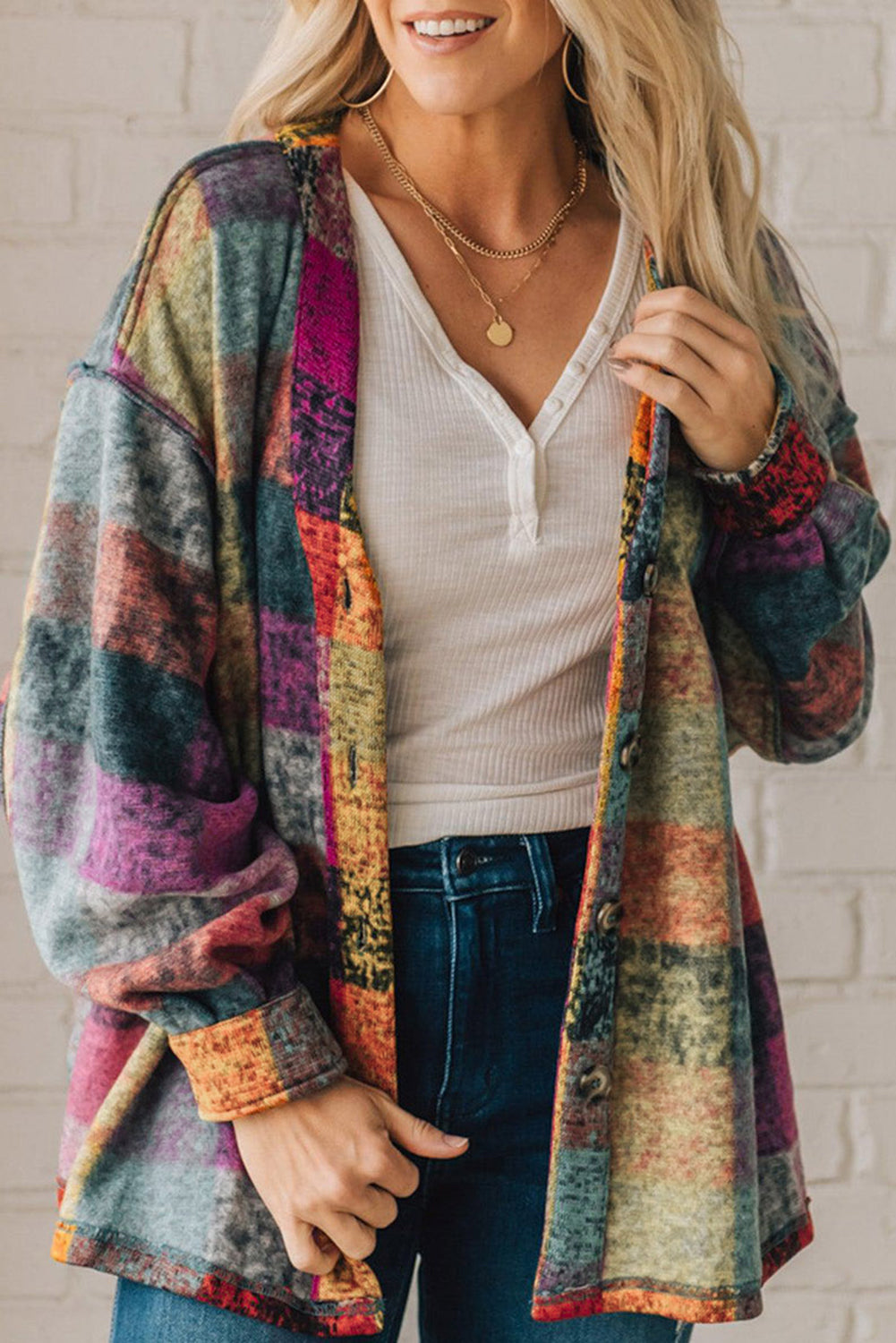 Multicolor Brushed Checked Western Buttoned Jacket Multicolor 100%Polyester Jackets JT's Designer Fashion