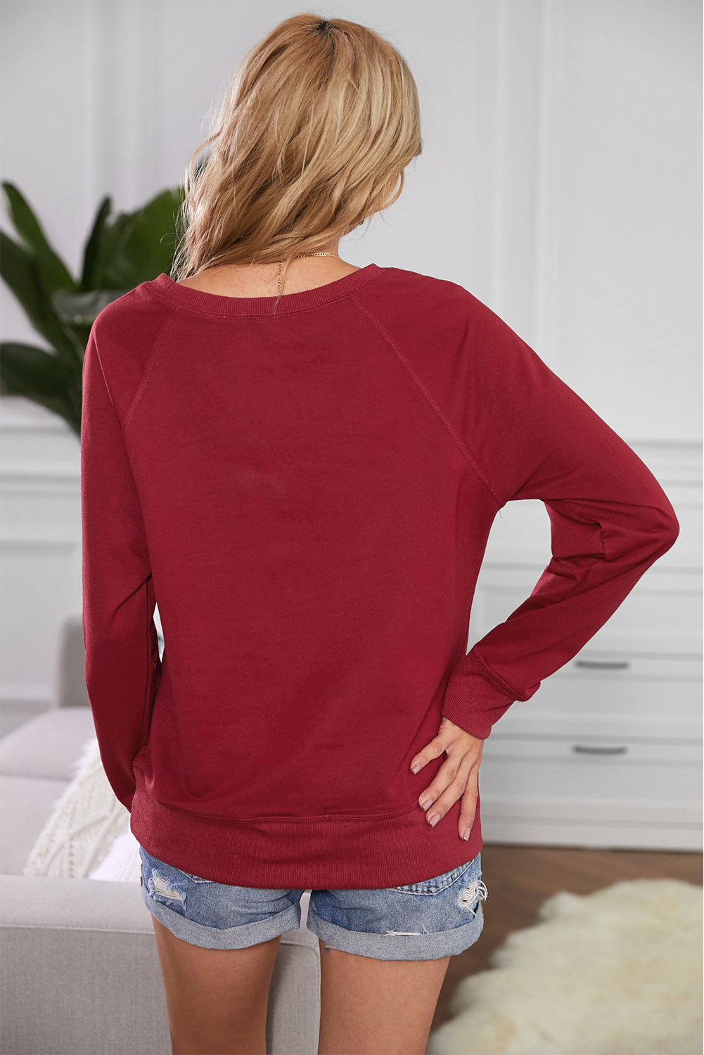 Wine Fiery Red Solid Crew Neck Pullover Sweatshirt Sweatshirts & Hoodies JT's Designer Fashion