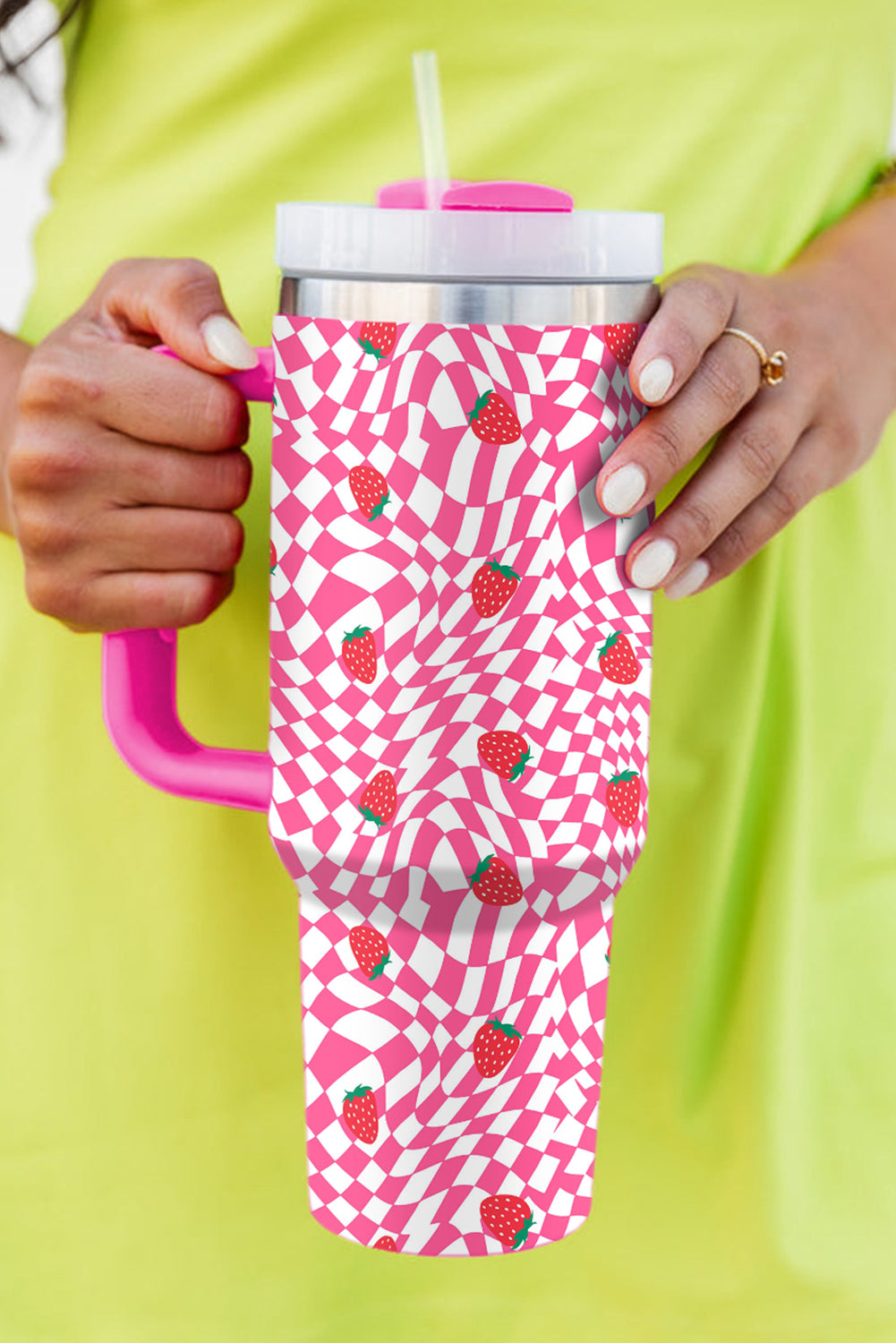 Rose Red Strawberry Checkered Print Handled Tumbler 40oz Tumblers JT's Designer Fashion
