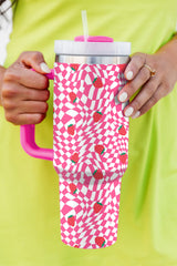 Rose Red Strawberry Checkered Print Handled Tumbler 40oz Tumblers JT's Designer Fashion