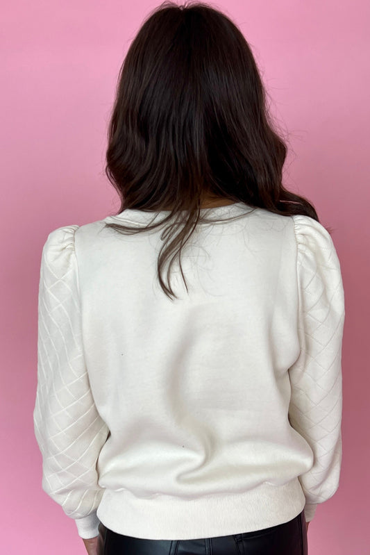 White Solid Puff Sleeve Round Neck Pullover Sweatshirt Sweatshirts & Hoodies JT's Designer Fashion