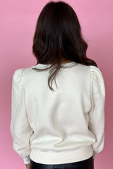 White Solid Puff Sleeve Round Neck Pullover Sweatshirt Sweatshirts & Hoodies JT's Designer Fashion
