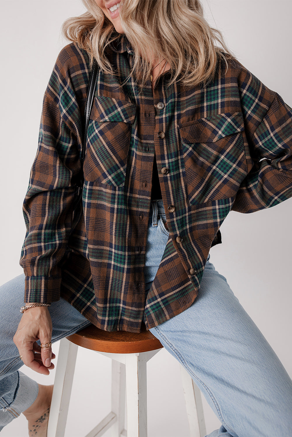 Brown Plaid Print Chest Pockets Buttoned Shirt Jacket Brown 70%Polyester+30%Cotton Plaid Shackets JT's Designer Fashion