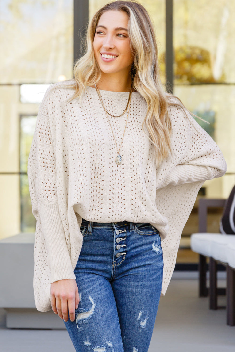 Beige Ribbed Hollow Knit Dolman Sleeve Sweater Sweaters & Cardigans JT's Designer Fashion