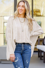 Beige Ribbed Hollow Knit Dolman Sleeve Sweater Sweaters & Cardigans JT's Designer Fashion