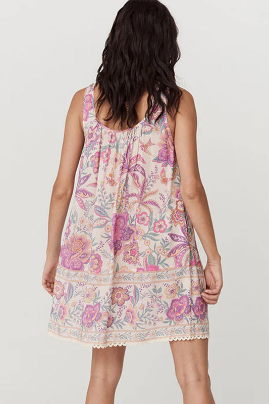 Multicolour Floral Print Fringed Tie U Neck Sleeveless Mini Dress Floral Dresses JT's Designer Fashion
