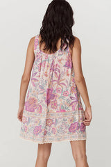 Multicolour Floral Print Fringed Tie U Neck Sleeveless Mini Dress Floral Dresses JT's Designer Fashion