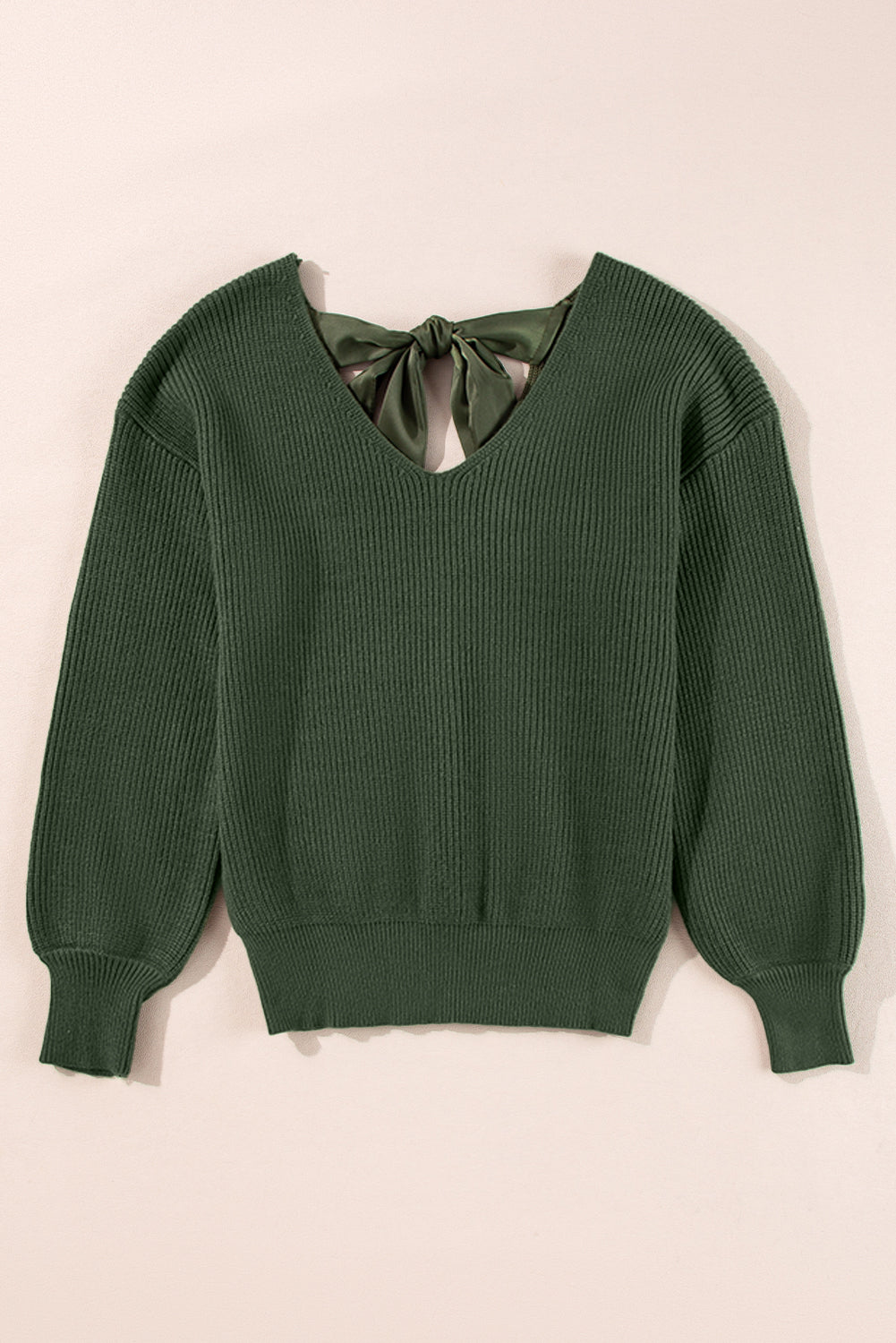 Jungle Green Lantern Sleeve V Neck Knot Back Sweater Sweaters JT's Designer Fashion