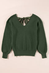 Jungle Green Lantern Sleeve V Neck Knot Back Sweater Sweaters JT's Designer Fashion