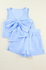 Sky Blue Stripe V Neck Bowknot Crop Tank and Shorts Set Short Sets JT's Designer Fashion