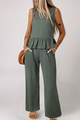 Duffel Green Solid Color Ribbed Ruffle Tank Top and Pants Set Pant Sets JT's Designer Fashion