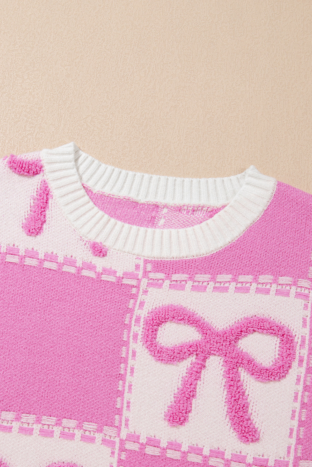 Pink Bow Knot Two Tone Checkered Crew Neck Sweater Sweaters JT's Designer Fashion