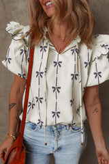 Beige Bow Printed Ruffled Bubble Sleeve Tied Notched V Neck Blouse Blouses & Shirts JT's Designer Fashion