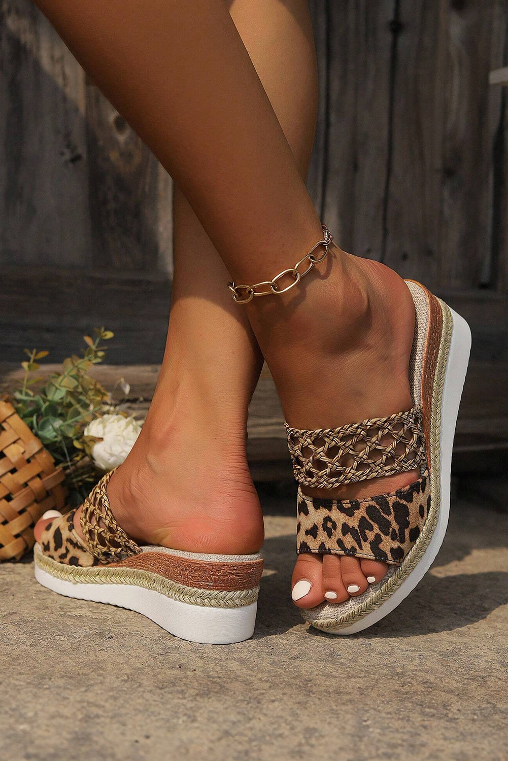 Chestnut Leopard Print Braided Details Wedge Slippers Slippers JT's Designer Fashion