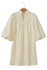 White Floral Textured Bubble Sleeve Frilled Notched Neck Dress Mini Dresses JT's Designer Fashion