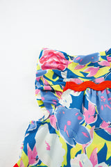 Sky Blue Floral Printed V Notched Ric Rac Flutter Sleeve Dress Floral Dresses JT's Designer Fashion