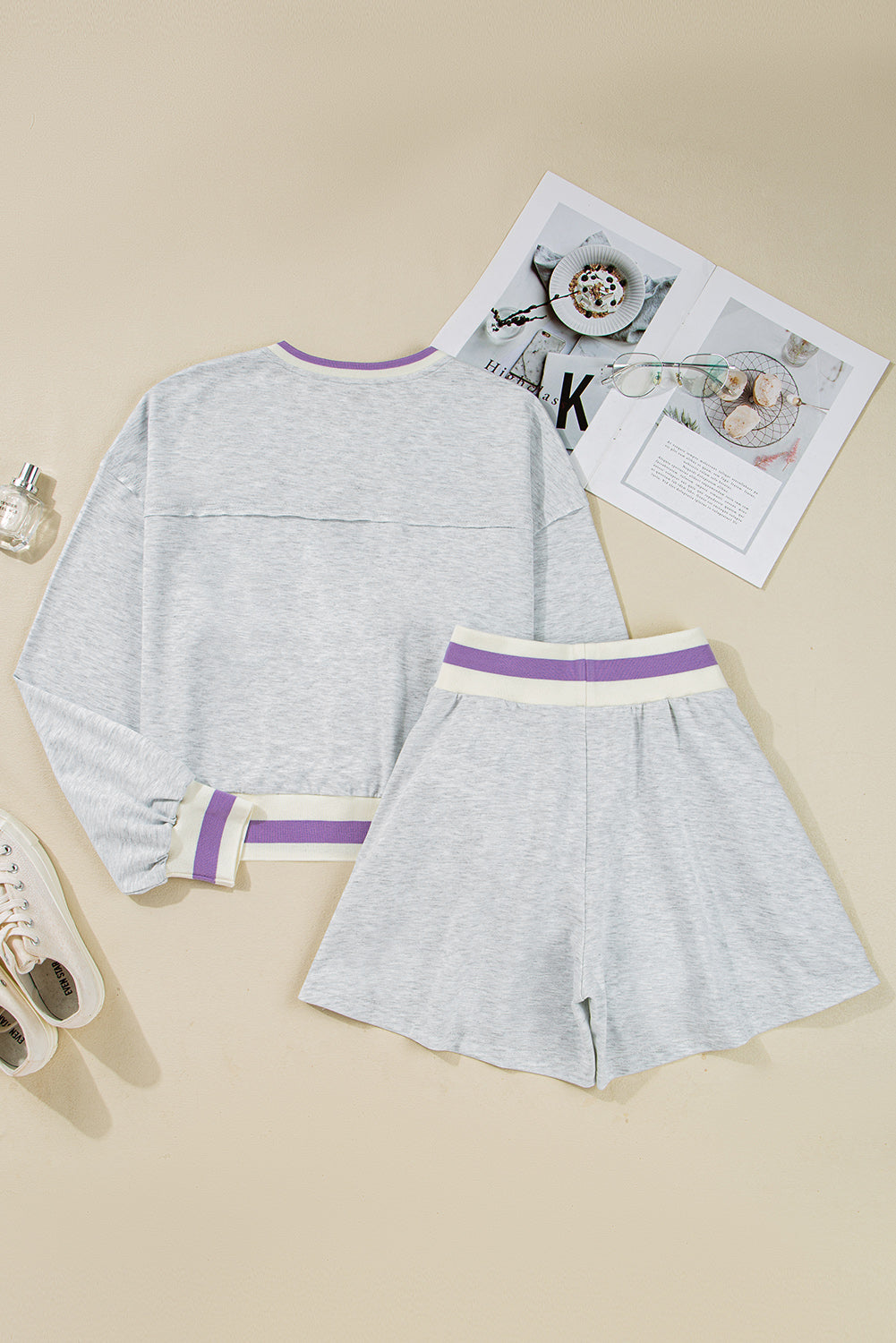 Light Grey Contrast Striped Bands Cropped Pullover and Athletic Short Set Short Sets JT's Designer Fashion