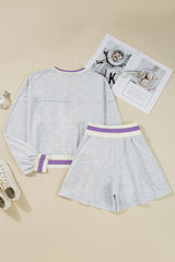 Light Grey Contrast Striped Bands Cropped Pullover and Athletic Short Set Short Sets JT's Designer Fashion